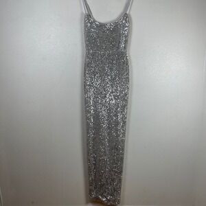 Nookie Silver Sequin Maxi Dress Womens Medium Adjustable Straps Formal Gown M